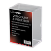 Two-piece clear 250-card storage box from THE MIGHTY HOBBY SHOP, designed to hold trading or playing cards securely.