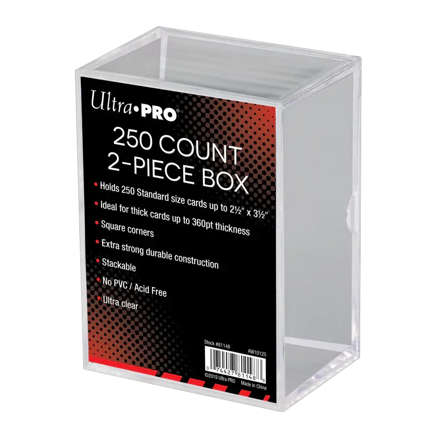 Two-piece clear 250-card storage box from THE MIGHTY HOBBY SHOP, designed to hold trading or playing cards securely.