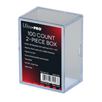 Two-piece clear card storage box with 100 compartments for organizing playing cards, crafted by THE MIGHTY HOBBY SHOP.