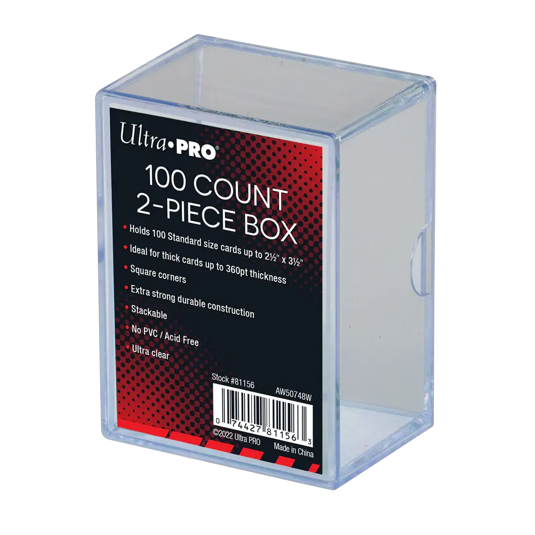 Two-piece clear card storage box with 100 compartments for organizing playing cards, crafted by THE MIGHTY HOBBY SHOP.