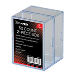 Two clear 50-count card boxes from THE MIGHTY HOBBY SHOP, designed for storing and organizing playing cards or collectibles.