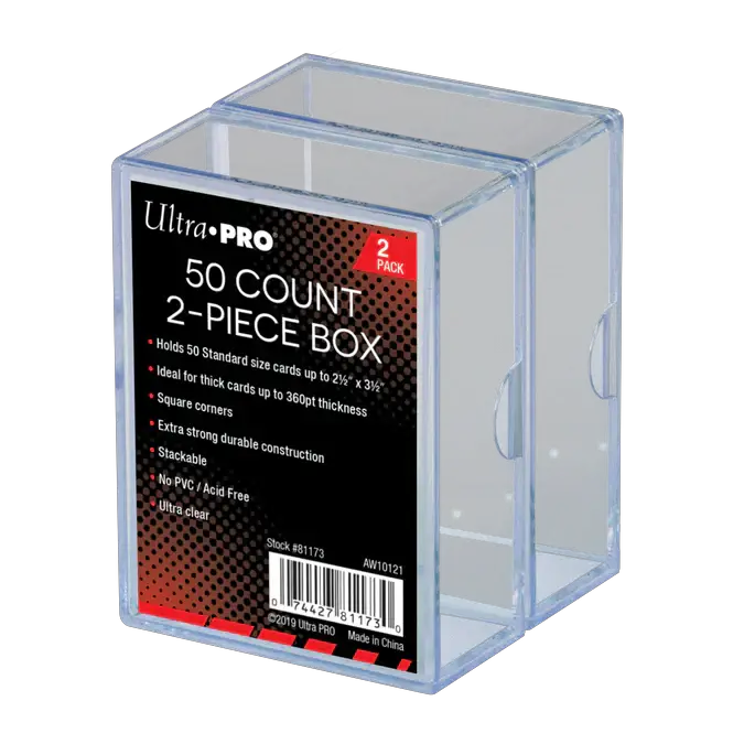 Two clear 50-count card boxes from THE MIGHTY HOBBY SHOP, designed for storing and organizing playing cards or collectibles.