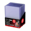 Clear 3x4-inch 55pt thick toploaders for trading cards, shown in a display box, ideal for card protection and storage.