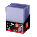 Clear 3x4-inch 55pt thick toploaders for trading cards, shown in a display box, ideal for card protection and storage.