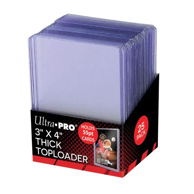Clear 3x4-inch 55pt thick toploaders for trading cards, shown in a display box, ideal for card protection and storage.