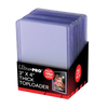 Clear 3x4 inch thick 100PT toploaders from THE MIGHTY HOBBY SHOP, shown in a display with 25 protective card sleeves.