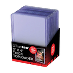 Clear 3x4 inch thick 100PT toploaders from THE MIGHTY HOBBY SHOP, shown in a display with 25 protective card sleeves.