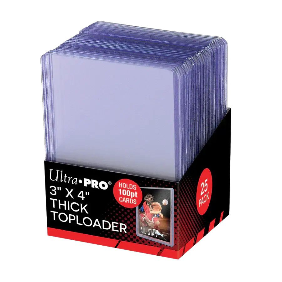 Clear 3x4 inch thick 100PT toploaders from THE MIGHTY HOBBY SHOP, shown in a display with 25 protective card sleeves.