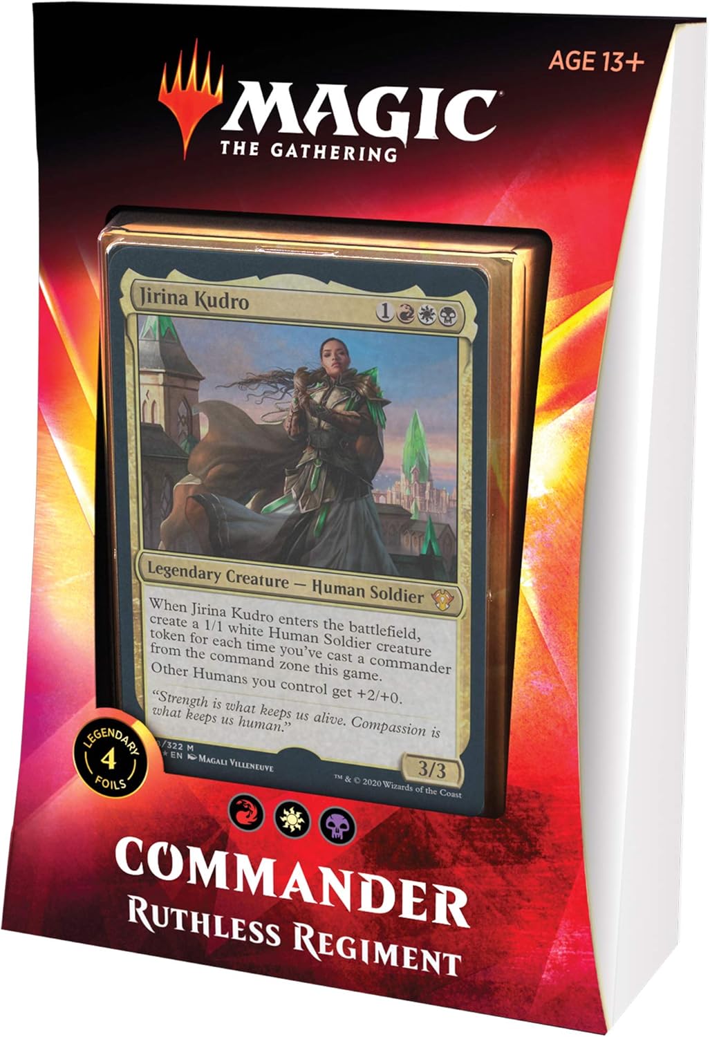 Magic: The Gathering Ruthless Regiment Ikoria Commander Deck with 100 cards and 4 foil legendary creatures, featuring powerful creature artwork.