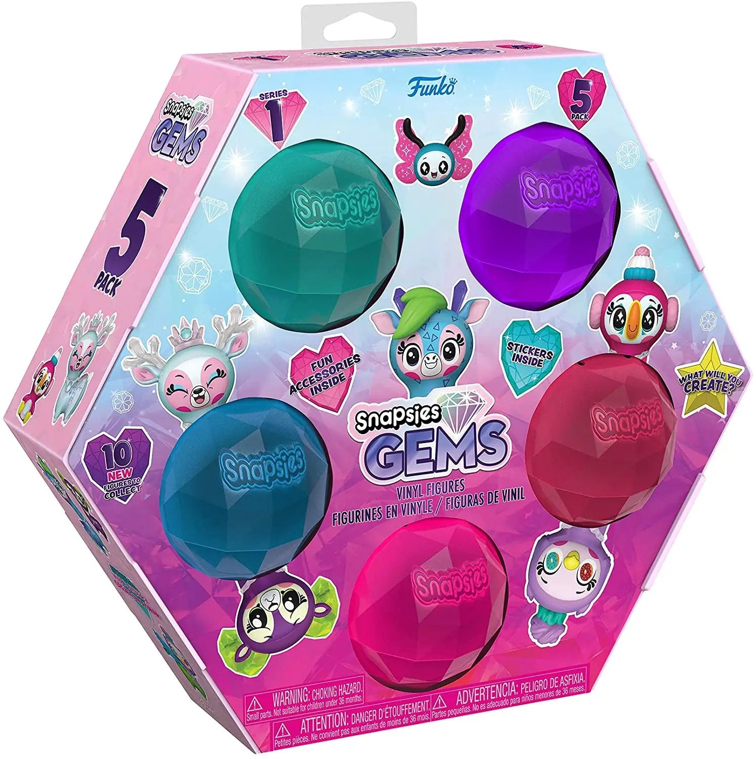 Set of five Snapsies Gems Holiday Mini-Figures by THE MIGHTY HOBBY SHOP featuring colorful, collectible gem-themed character miniatures.