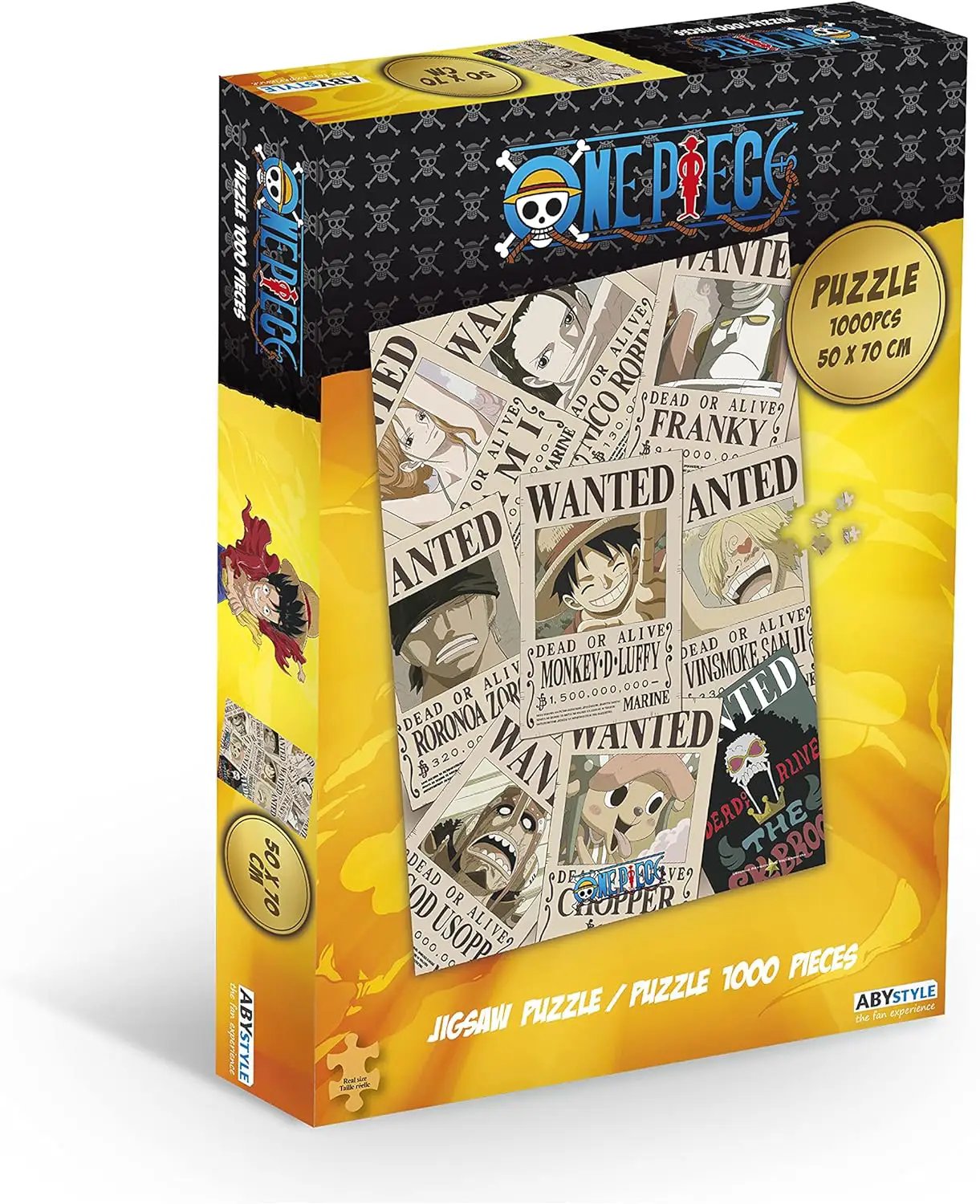 ABYstyle One Piece anime wanted poster jigsaw puzzle featuring Luffy, Zoro, Chopper, and Sanji, 1000 pieces, family-friendly activity.