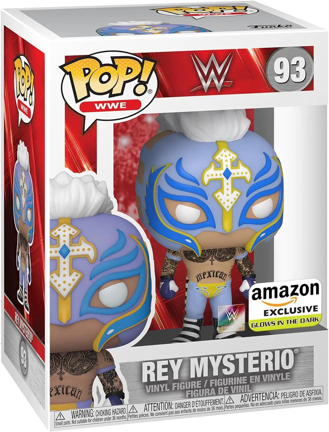 Rey Mysterio POP! WWE figure by The Mighty Hobby Shop, glow in the dark, Amazon exclusive, detailed collectible toy.
