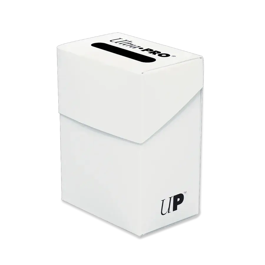 White solid color deck box from THE MIGHTY HOBBY SHOP, front angle showing sturdy storage container for outdoor or hobby use.