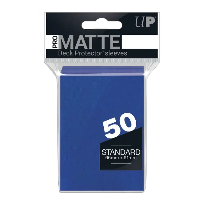 Blue PRO-Matte Standard Deck Protector Sleeves by THE MIGHTY HOBBY SHOP, 50-count pack with solid blue design.