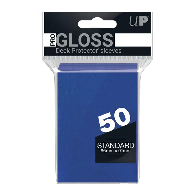 Blue PRO-Gloss Standard Deck Protector Sleeves by THE MIGHTY HOBBY SHOP, 50-count package, showing smooth, glossy card sleeves.