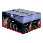 Clear 3x4 inch toploaders and soft sleeves bundle for standard size cards, shown in a side view with 200 count from THE MIGHTY HOBBY SHOP.