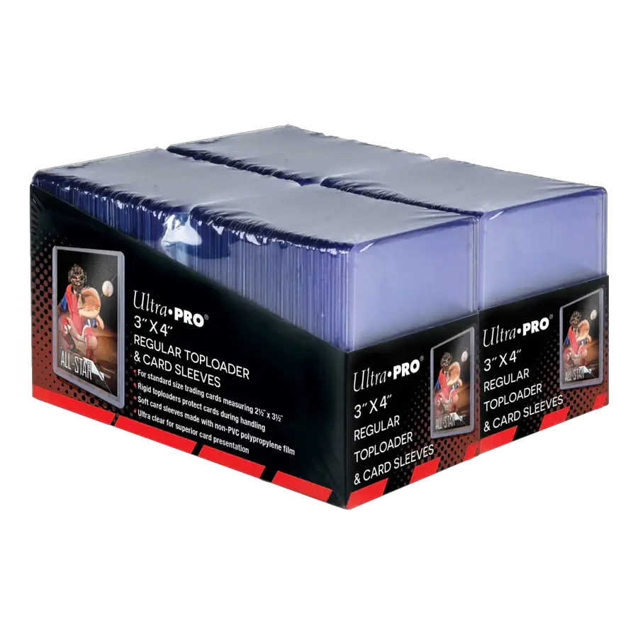 Clear 3x4 inch toploaders and soft sleeves bundle for standard size cards, shown in a side view with 200 count from THE MIGHTY HOBBY SHOP.