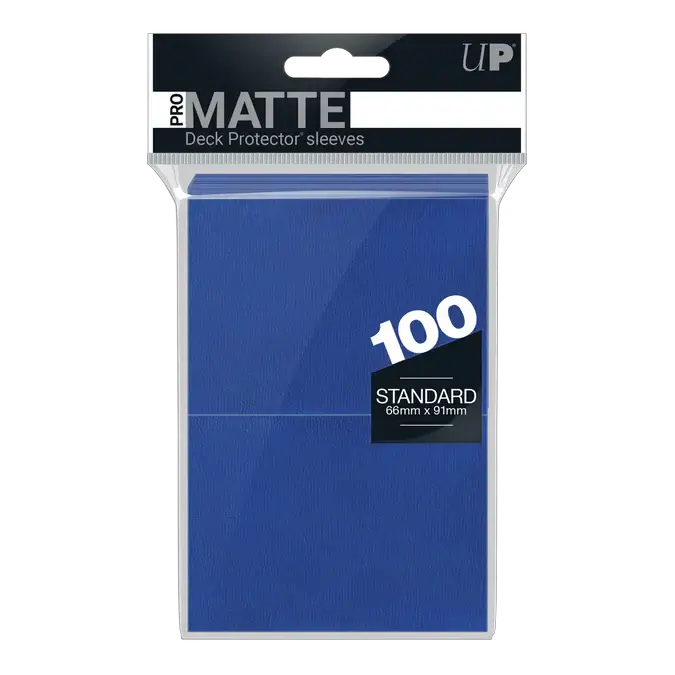 Blue PRO-Matte Standard Deck Protector Sleeves by THE MIGHTY HOBBY SHOP, 100-count pack, showing the sleeve design and packaging.