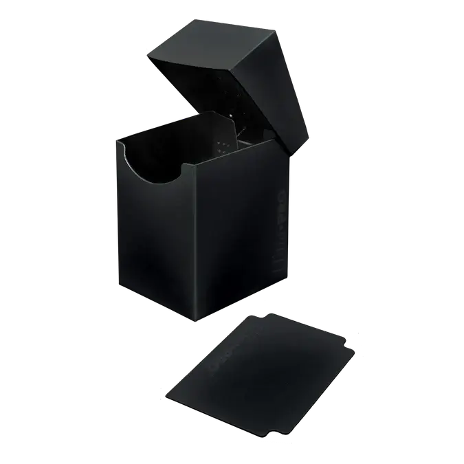 Open Jet Black Eclipse PRO 100+ Deck Box with dividers, showing interior storage for trading cards and accessories.