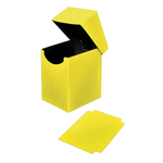 Yellow Eclipse PRO 100+ deck box with open lid and divided interior, designed for storing trading cards and gaming accessories.