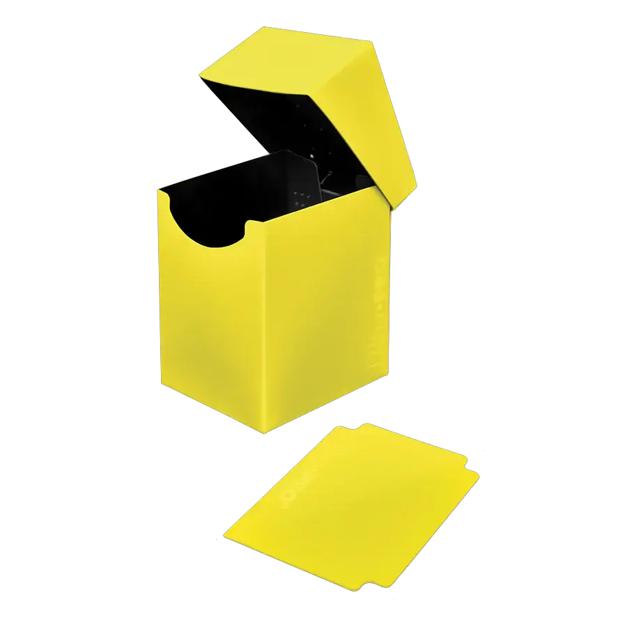 Yellow Eclipse PRO 100+ deck box with open lid and divided interior, designed for storing trading cards and gaming accessories.