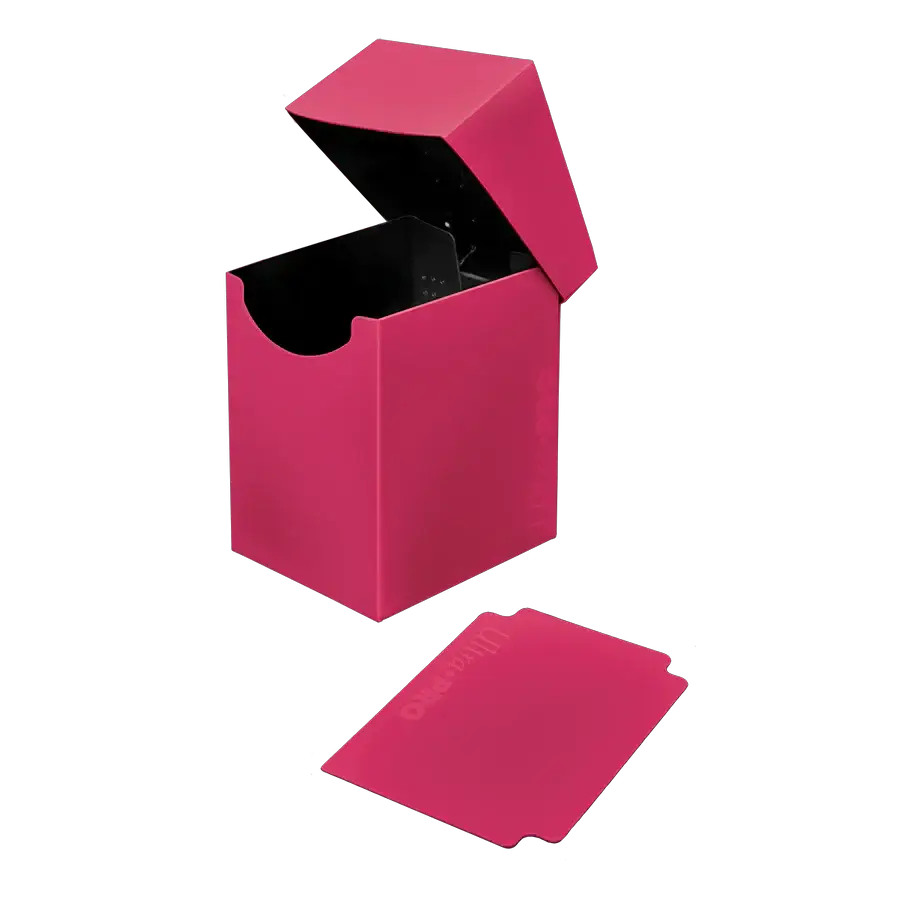 Open hot pink Eclipse PRO 100+ deck box by THE MIGHTY HOBBY SHOP with adjustable dividers, showing interior storage for trading cards.