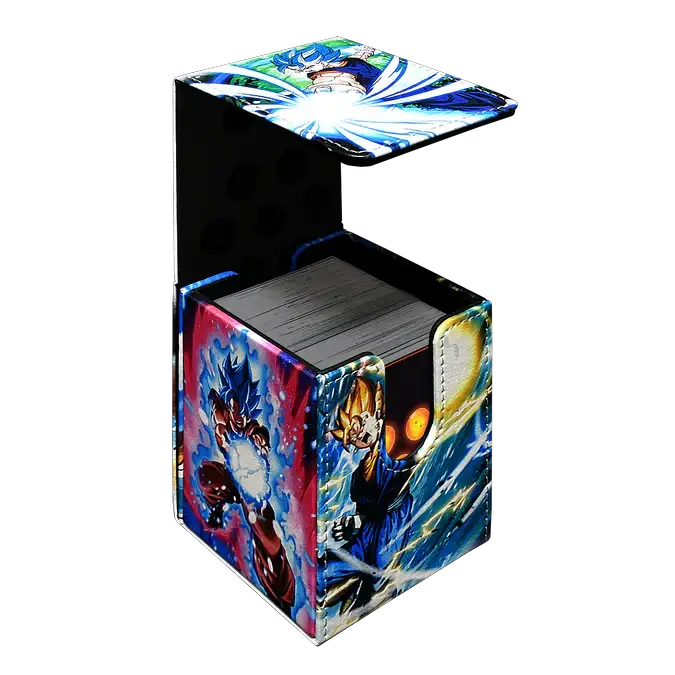 Vegito Alcove Flip Deck Box for Dragon Ball Super by THE MIGHTY HOBBY SHOP, featuring vibrant Vegito artwork and secure flip lid.