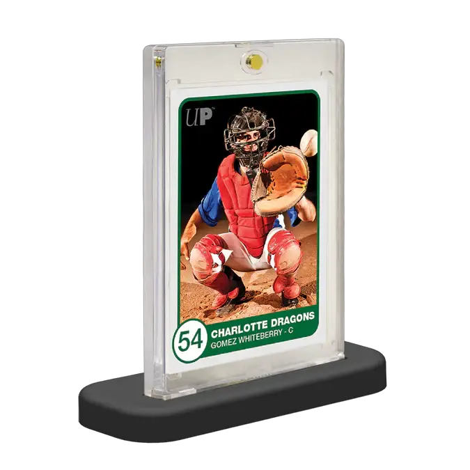 Set of five 35PT One-Touch stands from THE MIGHTY HOBBY SHOP, showing black stands with adjustable height and secure grip for miniature models.