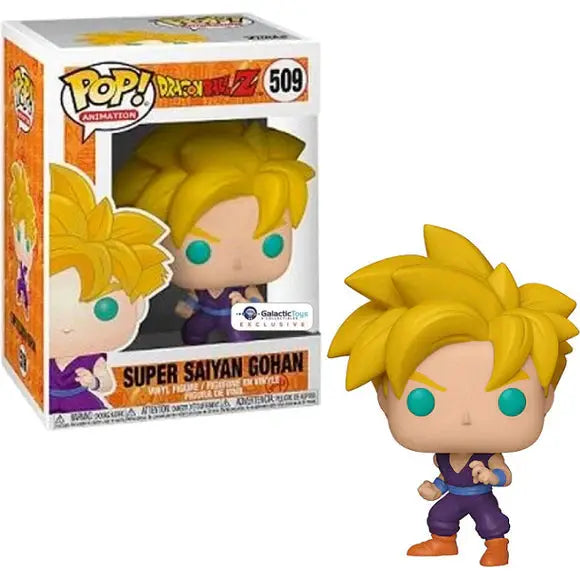 Funko Pop! Dragon Ball Z Super Saiyan Gohan figure, Galactic Toys Exclusive, with spiky golden hair and detailed costume.