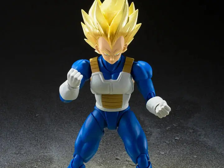 Super Saiyan Vegeta action figure from Dragon Ball Z S.H.Figuarts line, with detailed armor and fierce expression.