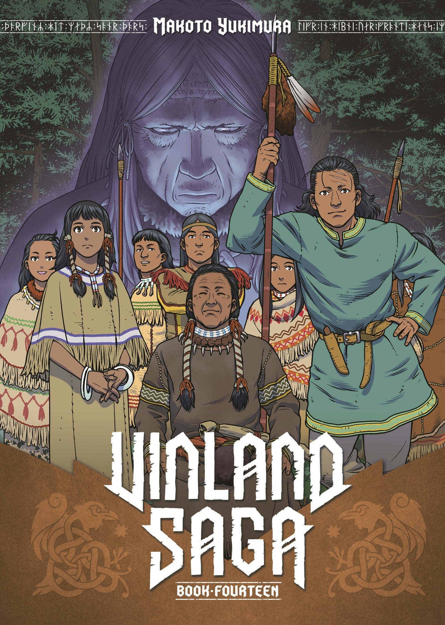 Cover of 'Vinland Saga' Book Fourteen featuring characters in traditional attire with a dark figure in the background.