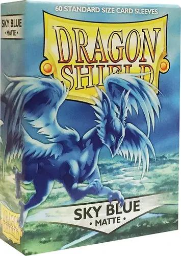 Sky blue Dragon Shield matte card sleeves by THE MIGHTY HOBBY SHOP, standard size, 60-count pack, ideal for protecting trading cards.