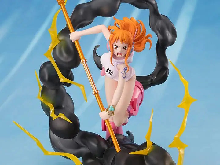 One Piece FiguartsZERO Extra Battle Nami figure from THE MIGHTY HOBBY SHOP, depicts Nami using lightning blast attack in dynamic pose.
