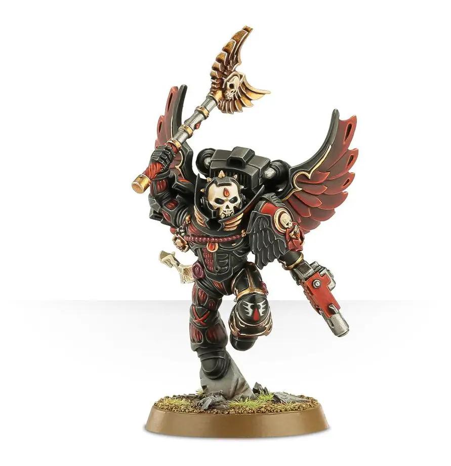 Blood Angels Chaplain with jump pack miniature from Warhammer 40K, detailed figure with armor and weaponry, posed ready for battle.