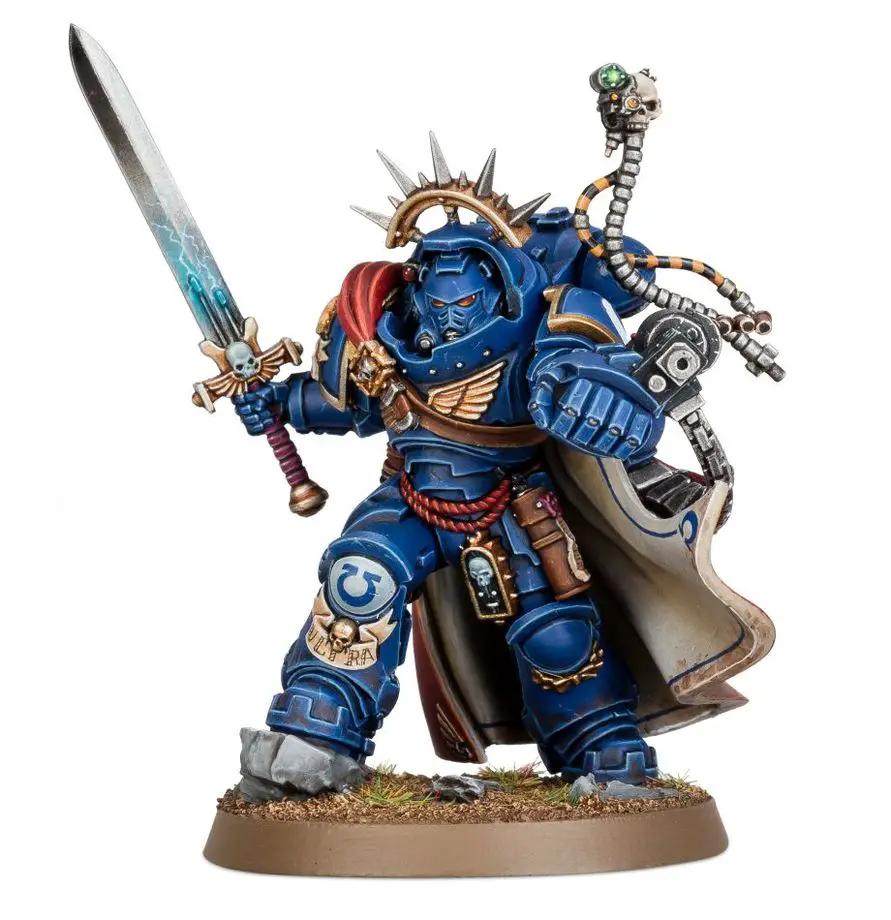 Warhammer 40,000 Space Marines Captain in Gravis Armour, detailed miniature figure with armor and weaponry, from THE MIGHTY HOBBY SHOP.