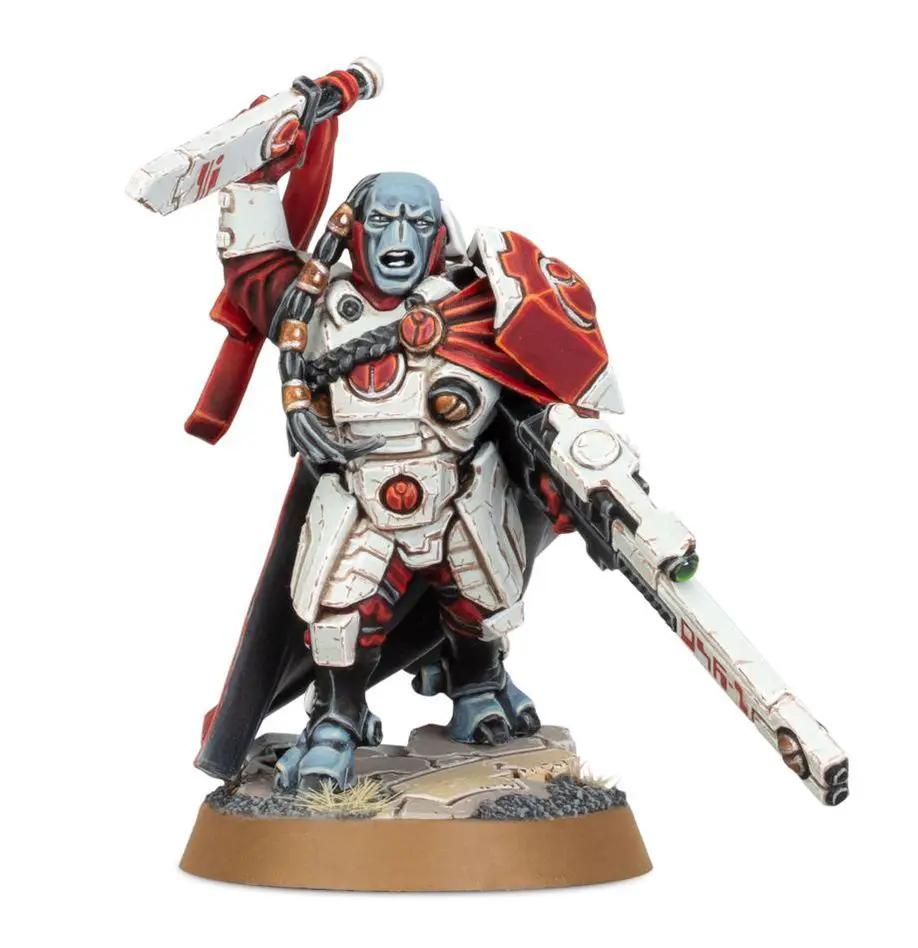 Warhammer 40,000 T'au Empire Cadre Fireblade model figure, detailed miniature with armor and weaponry, on a display base.