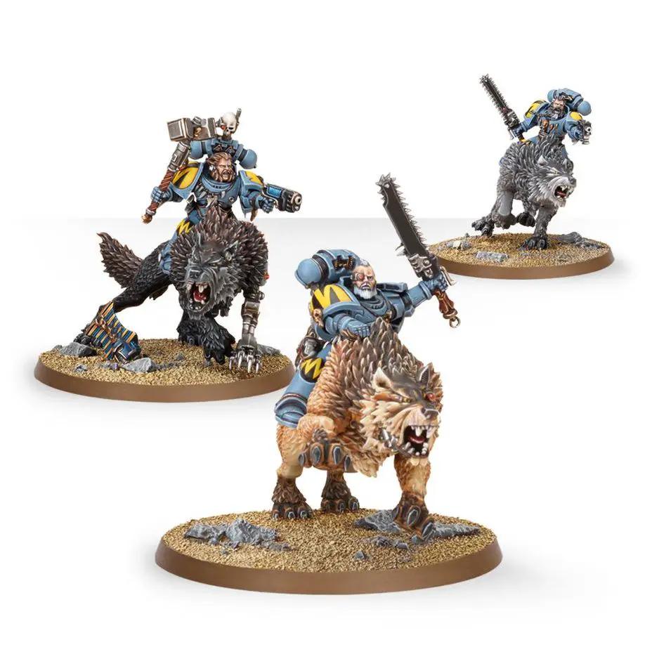 Warhammer 40,000 Space Wolves Thunderwolf Cavalry miniature model, detailed figures with armored wolves and warriors ready for battle.