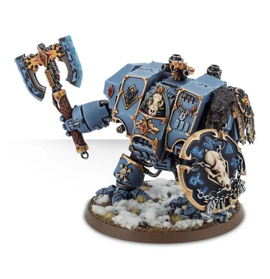Venerable Dreadnought from Warhammer 40,000: Space Wolves, detailed miniature model by THE MIGHTY HOBBY SHOP.