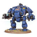Primaris Redemptor Dreadnought miniature from Warhammer 40K with detailed armor and weaponry, posed on a display base.