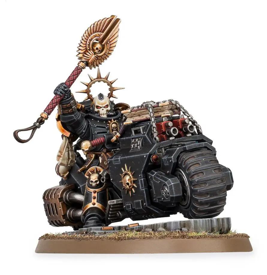 Primaris Space Marines Chaplain on bike miniature from The Mighty Hobby Shop, detailed model with armor and weapon.