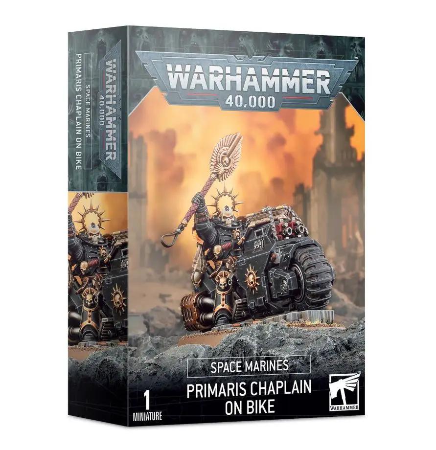Primaris Space Marines Chaplain on bike miniature from THE MIGHTY HOBBY SHOP, detailed figure with armor and weaponry.