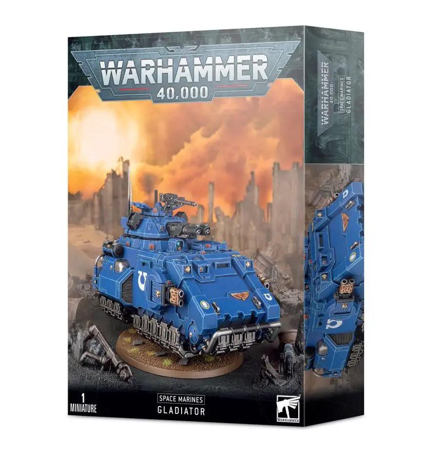 Space Marines Gladiator Lancer model from THE MIGHTY HOBBY SHOP, featuring detailed armor and weaponry, on a display stand.