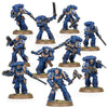 Space Marines Assault Intercessor Squad with bolters and armor, detailed figures from THE MIGHTY HOBBY SHOP.