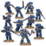 Space Marines Assault Intercessor Squad with bolters and armor, detailed figures from THE MIGHTY HOBBY SHOP.