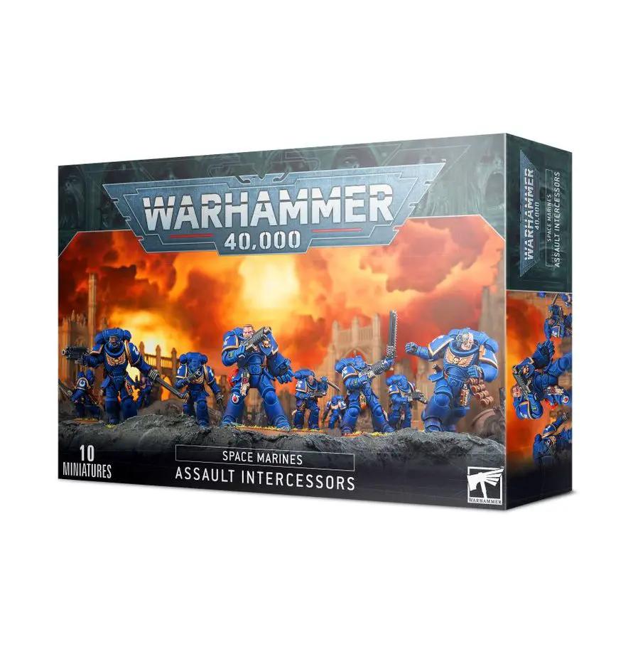 Space Marines Assault Intercessor Squad miniature by THE MIGHTY HOBBY SHOP, showing detailed armor and weaponry.
