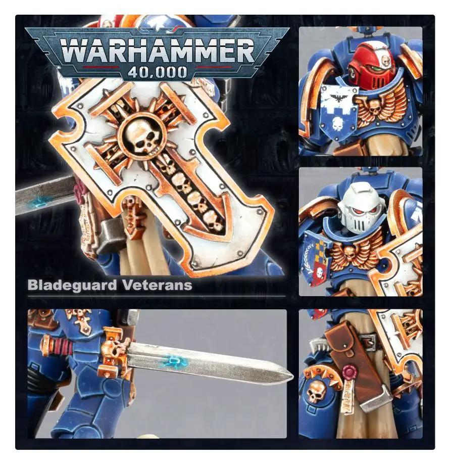 Space Marines Bladeguard Veteran Squad miniatures in detailed armor, ready for tabletop wargaming, by THE MIGHTY HOBBY SHOP.
