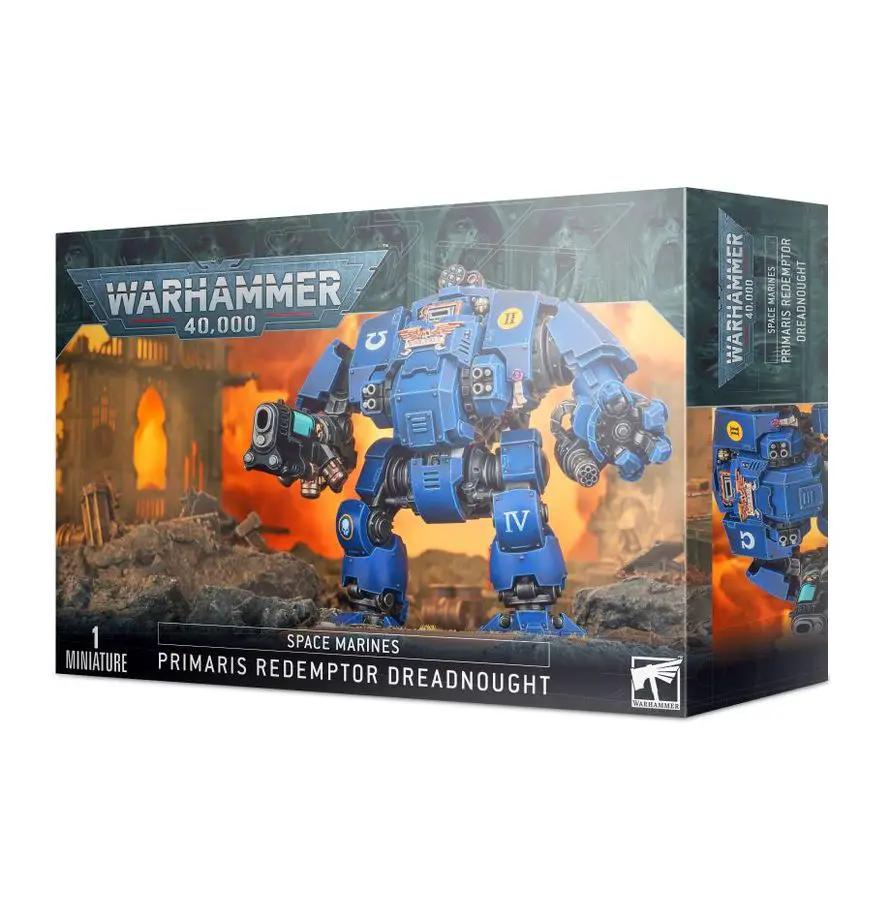 Primaris Redemptor Dreadnought miniature from Warhammer 40K, detailed robot model in grey armor with weapons and mechanical features.