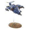 Space Marines Stormhawk Interceptor model from THE MIGHTY HOBBY SHOP, detailed miniature with blue and gray armor and wings.