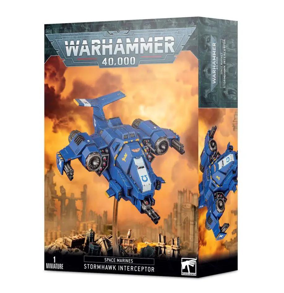 Space Marines Stormhawk Interceptor model from The Mighty Hobby Shop, detailed miniature aircraft for Warhammer 40K gaming.