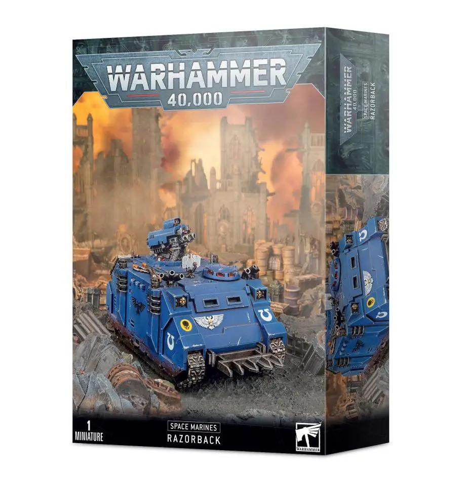 Space Marines Razorback model with heavy bolter, laser cannons, and stock, detailed miniature from THE MIGHTY HOBBY SHOP.